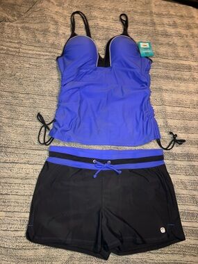 Free Country Periwinkle Blue Purple and Charcoal Tankini and Swim Shorts Set‎